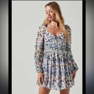 🌸 ASTR The Label Floral Pleated Mini Dress – Blue Multi (Size L) – NWT